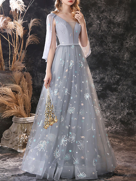 

Milanoo Evening Dress A-Line Jewel Neck Lace Floor-Length Lace Formal Dinner Dresses, Light gray