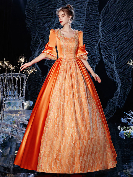 Image of Costume retrò in stile vittoriano rococò Costume carnevale in cotone con pizzo mascherato rosso arancione