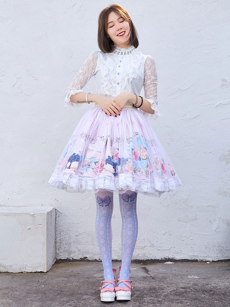 Image of Gonne Lolita con stampa floreale rosa dolce Lolita SK in pizzo