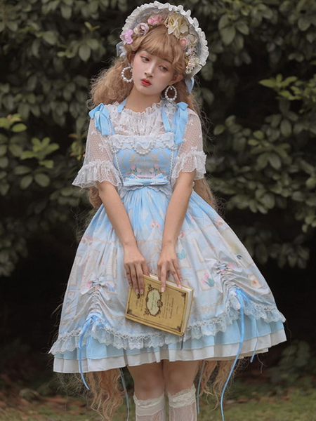 Image of Sweet Lolita OP Dress Neverland Floral Print Light Sky Blue Ruffles Lolita One Piece Dresses