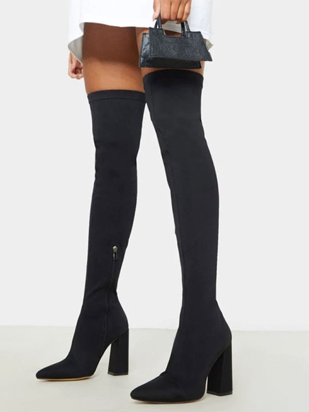 Image of Stivali sopra il ginocchio da donna Stivali alti alla coscia neri con punta tonda in tessuto elastico