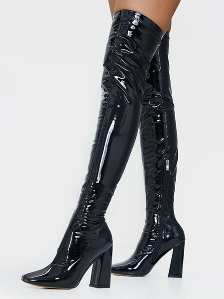 Image of Stivali sopra il ginocchio sexy Stivali alti alla coscia in pelle nera con punta quadrata in pelle lucida