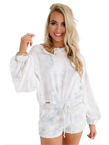 

Milanoo Women' Loungewear 2-Piece White V-neck Long Sleeve Polyester Cotton Outfit Outfit, Light sky blue;pink