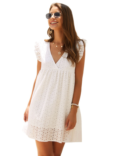 

Milanoo White Shift Dresses Short Sleeve V-Neck Cotton Attractive Summer Tunic Dress, Light sky blue;white;yellow;teal;pink