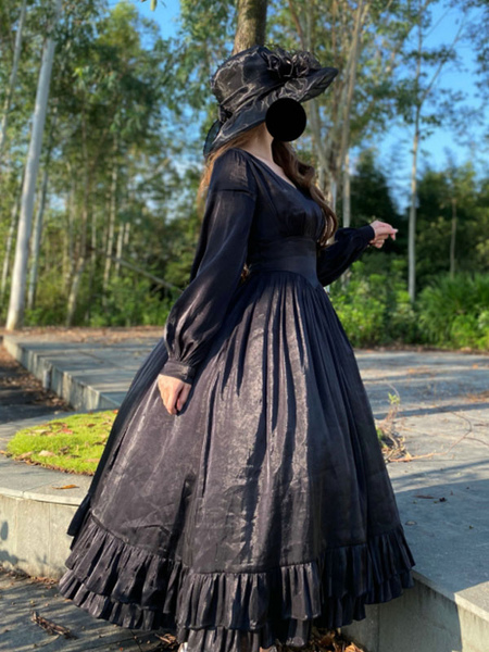 

Milanoo Gothic Lolita OP Dress Neverland Cascading Ruffles Bows Black Floral Print Long Sleeves Loli
