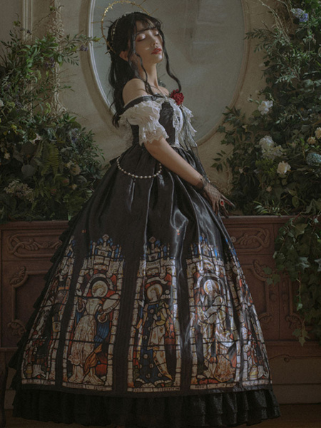 

Milanoo Black Gothic Lolita JSK Dress Neverland Floral Print Cascading Ruffles Bows Lolita Jumper Sk, Black silver;black