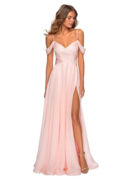 

Milanoo Pink Bridesmaid Dresses A-Line Floor-Length V-neck Chiffon Prom Dress, Soft pink
