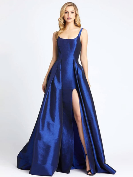 Image of Abiti formali blu A-Line Prom Dress Taffettà Abiti da festa lunghi fino al pavimento Abiti da pettegolezzo
