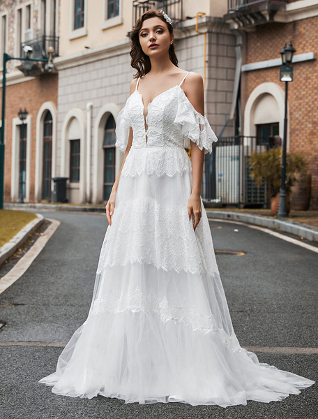 

Milanoo Boho Wedding Dress Lace A-Line V-Neck Natural Waistline Beaded Wedding Gown, Ivory