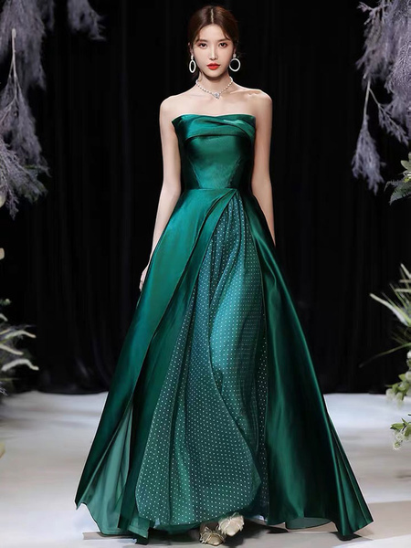 

Milanoo Evening Dress A-Line Strapless Satin Fabric Floor-Length Pleated Formal Party Dresses Forest, Dark green