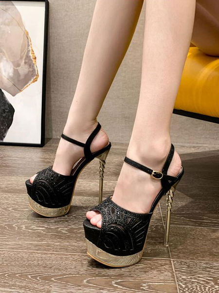 

Milanoo Women High Heel Sandals Black Sequined Cloth Open Toe Evening Shoes Party Heels, Black;champagne