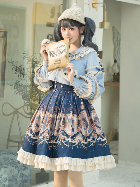 Image of Sweet Lolita Outfits Baby Blue Animal Print Ruffles Bows Maniche lunghe Top Bowknot Overskirt Set