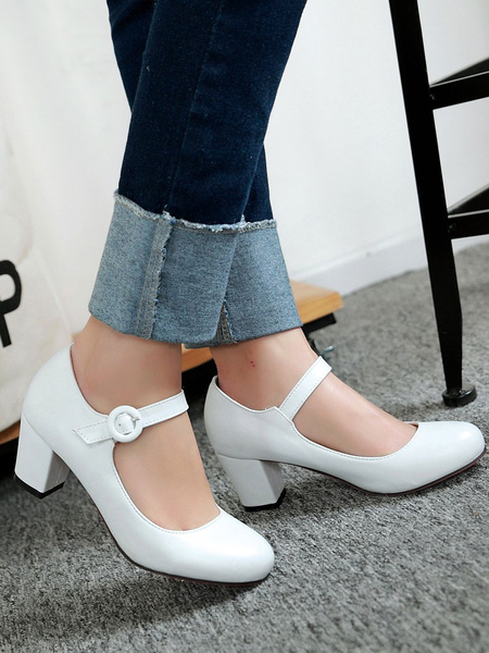 

Milanoo Woman Mid Low Heels Round Toe White PU Leather Elegant Pumps Heels Shoes, Apricot;pink;white;black