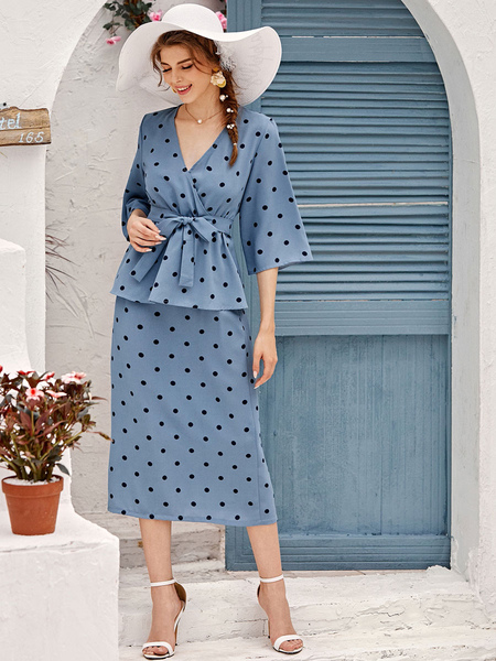 Milanoo Women Two Piece Sets Blue Polyester V Neck Polka Dot Retro Flare Sleeve Tops Midi Dress Outf  - buy with discount