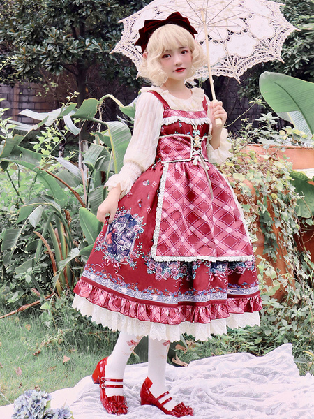 

Milanoo Sweet Lolita JSK Dress Fairytale Infanta Floral Print Lace Up Burgundy Lolita Jumper Skirts, Pink;burgundy;deep blue
