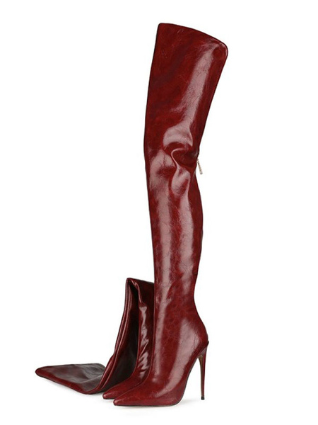 Milanoo Womens Over The Knee Boots PU Leather Burgundy Pointed Toe Stiletto High Heel Boots, Hunter Green, Burgundy  - buy with discount