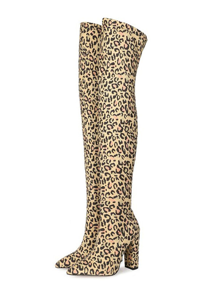 Milanoo Womens Over The Knee Boots Elastic Fabric Leopard Pointed Toe Chunky Heel Boots, Green, Leopard  - buy with discount