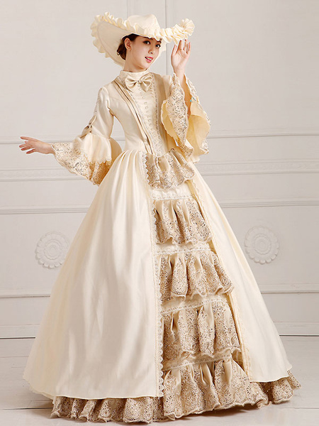 

Milanoo Retro Costumes Champagne Embroidered Polyester Marie Antoinette Costume Set Headwear Dress R