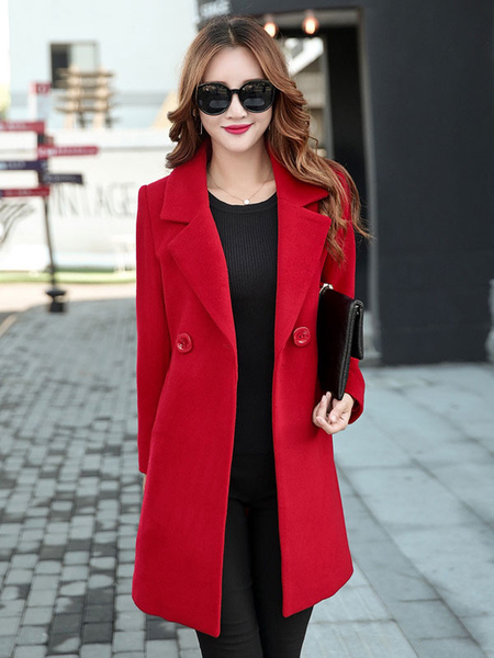 

Milanoo Red Wool Coat Notch Collar Long Sleeve Winter Coats For Women, Ture red;yellow;black;blue
