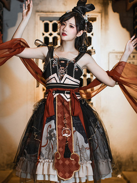 

Milanoo Chinese Style Lolita JSK Dress Tassels Black Lolita Jumper Skirts