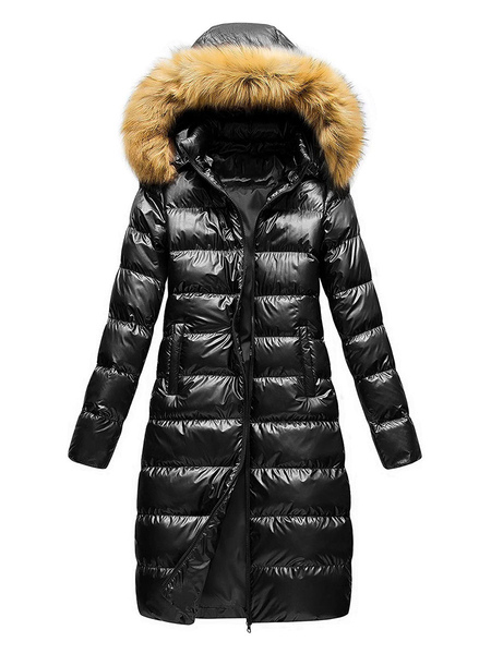 

Milanoo Women Jacket Black Puffer Coat Faux Fur Hooded Long Sleeves Quilted Jacket For Winter