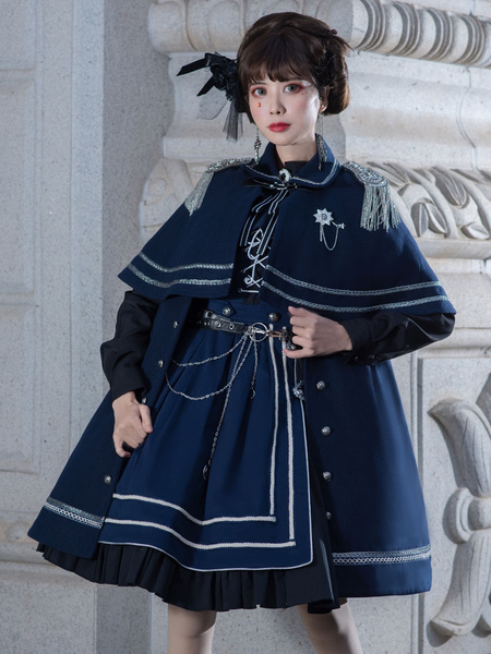 Image of Cappotto Lolita stile militare gotico Lolita Cappotto con mantella Lolita in poliestere a maniche lunghe girocollo blu scuro