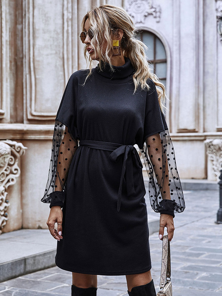 

Milanoo Women Black Shirt Dresses High Collar Long Sleeves Polyester Asymmetrical Casual Midi Dress