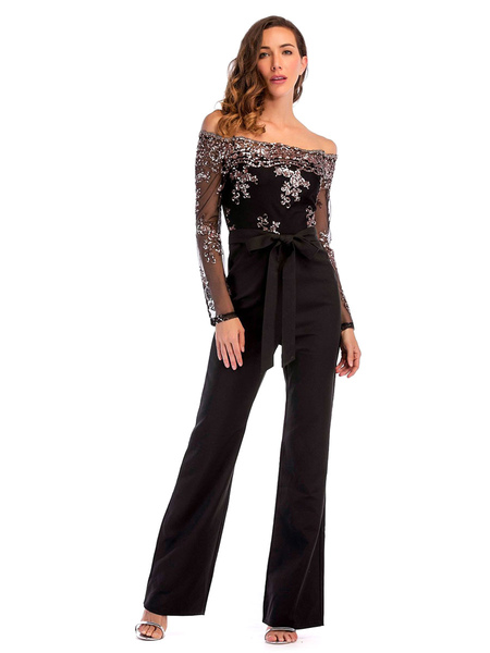 Milanoo Women Jumpsuit Black Long Sleeves Sequins Backless Polyester Straight Summer Jumpsuit Outfit  - buy with discount
