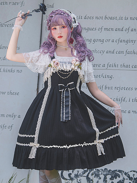 Milanoo Sweet Lolita JSK Dress Fairytale Infanta Sleeveless Bowknot Lace Black Lolita Jumper Skirts, Pink, Black  - buy with discount