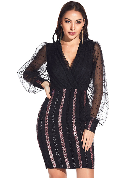 Milanoo Women Bodycon Dresses Black Stripes Long Puffer Sleeves Sequins Sexy Sheer Midi Dress Sheath  - buy with discount