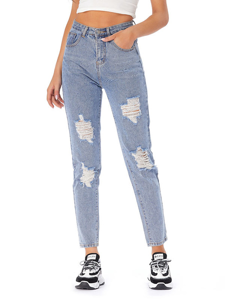 Milanoo Moms Jeans Women Denim Pants Light Sky Blue Polyester Raised Waist Cowboy Long Straight Trou  - buy with discount