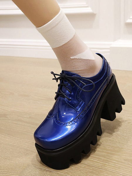 Milanoo Academic Lolita Footwear Blue PU Leather Round Toe Lolita Pumps, Blue, Burgundy, Black  - buy with discount