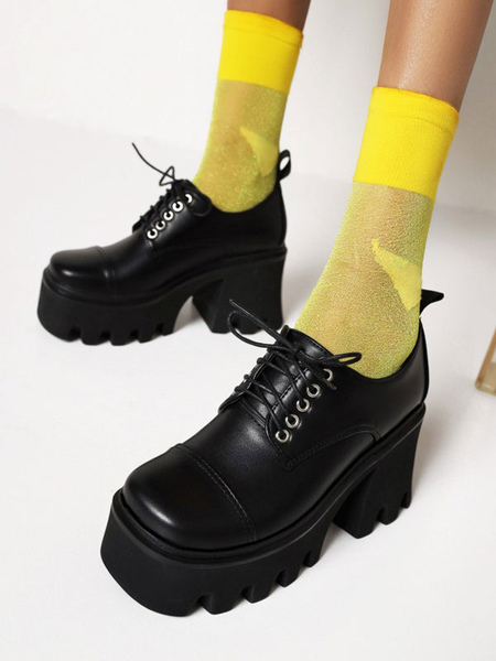 Milanoo Gothic Lolita Footwear Black Round Chunky Heel Toe PU Leather Lolita Pumps, Silver, Black  - buy with discount
