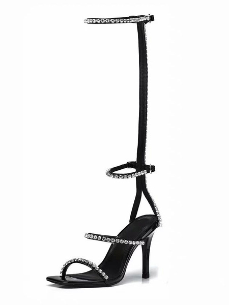 Milanoo Womens Black Knee High Gladiator Sandals Rhinestones Stiletto Heel Sandals  - buy with discount