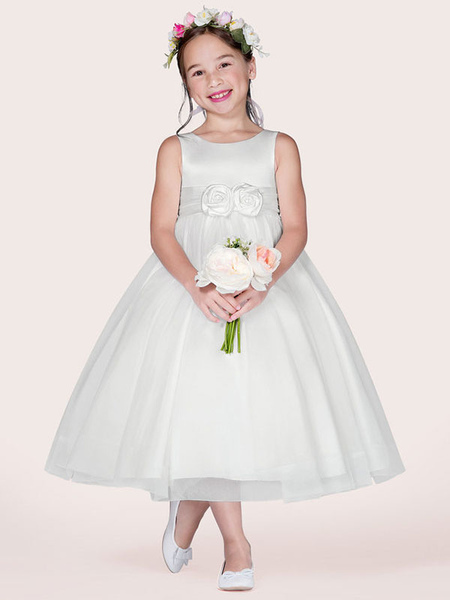 

Milanoo Flower Girl Dresses White Tulle Jewel Neck Sleeveless Formal Kids Pageant Dresses, White;ivory