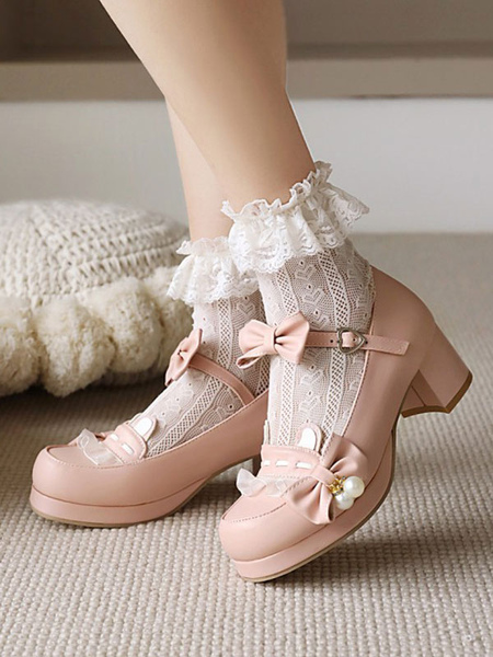 Milanoo Sweet Lolita Footwear Pink Bowkont Round Toe PU Leather Lolita Pumps, Black, Coffee Brown, ecru white, Pink  - buy with discount