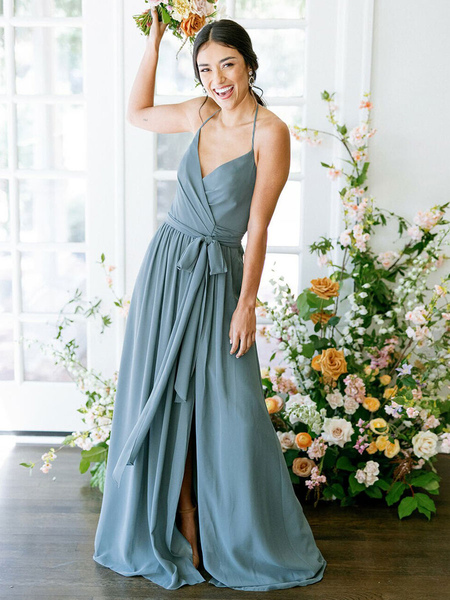 

Milanoo Bridesmaid Dress A-Line Sleeveless Floor-Length Backless Chiffon Green Formal Gowns, Sage green