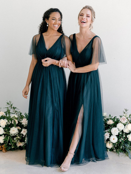 

Milanoo Bridesmaid Dress A-Line V-neck Half-Sleeve Floor-Length Zipper Single Thread Tulle Green For, Pastel blue;cyan