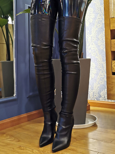 Image of Stivali sexy da donna Plus Size Punta a punta Slip-On Tacco a spillo Stivali neri sopra il ginocchio