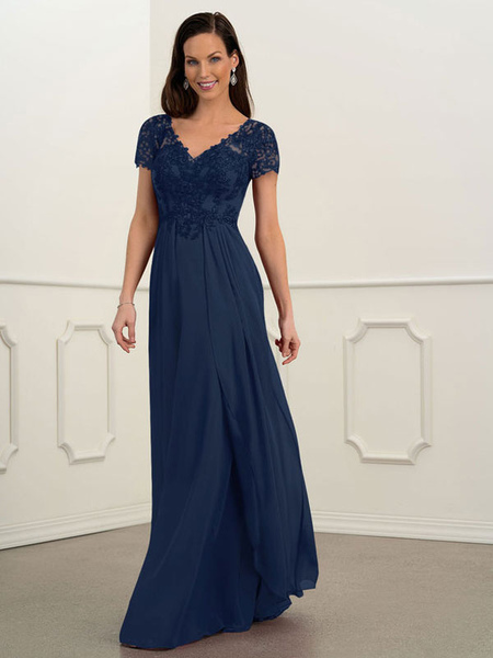 Image of Bridal Madre Dress Dress Navy Blue Neck Scollo a V Maniche corte A-Line Chiffon Pizzo Abiti da giardino Abiti da giardino per matrimonio