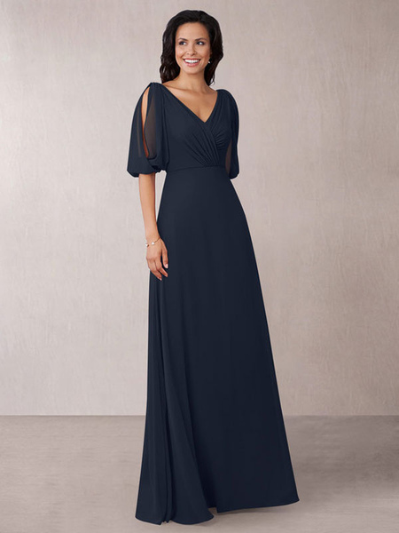 

Milanoo Mother Dress Black V-Neck Half Sleeves A-Line Pleated Chiffon Wedding Guest Dresses, Black;dark navy