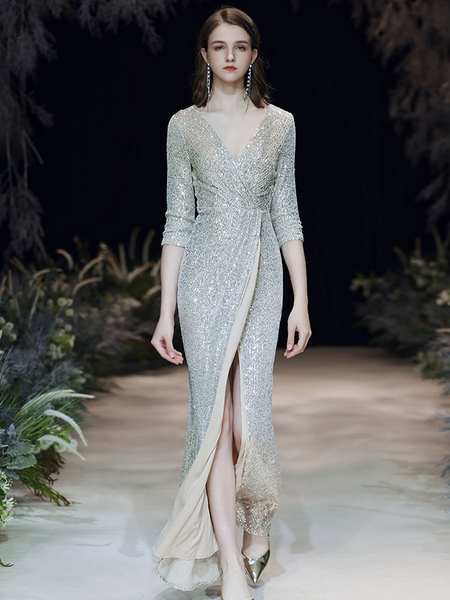 

Milanoo Evening Dress Sliver Sheath V-Neck Floor-Length Long Sleeves Zipper Pleated Sequined Formal, Ruby;silver