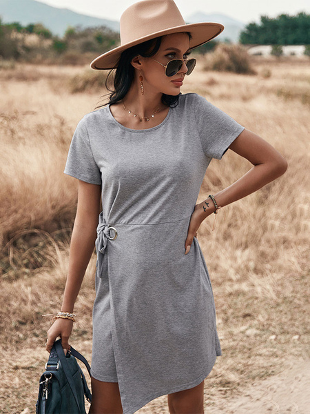 Milanoo Women Shift Dresses Cotton Short Sleeves Jewel Neck Knotted Light Gray Tunic Dress, Light Gray, Burgundy, Blue  - buy with discount