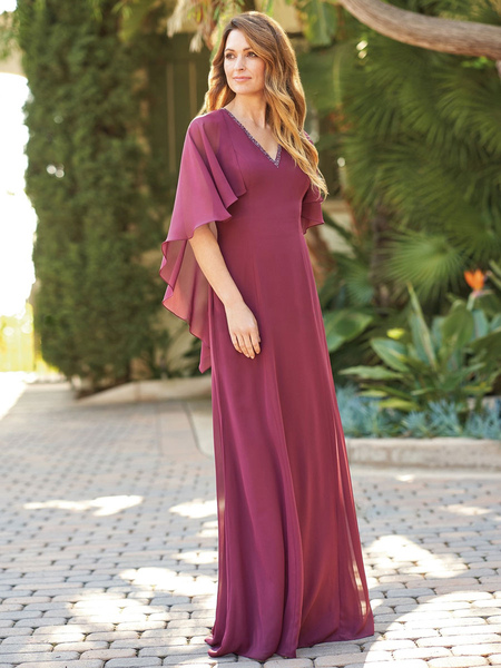 Milanoo Mothers Bride Dress V-Neck Sleeveless A-Line Pleated Floor-Length Chiffon Purple Wedding Gue, Plum  - buy with discount