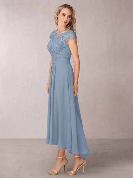 Milanoo Mothers Party Dress Grey Blue Jewel Neck Short Sleeves A-Line Lace Chiffon Pleated Tea-Lengt, blue gray  - buy with discount