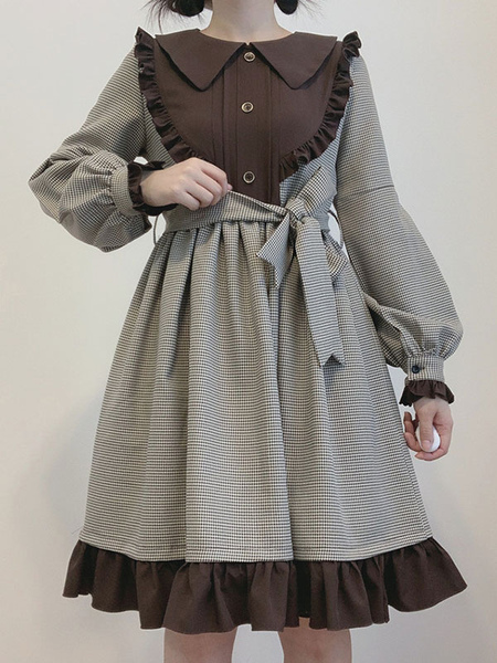 Milanoo Sweet Lolita OP Dress Grey Long Sleeves Plaid Classic Lolita One Piece Dresses  - buy with discount