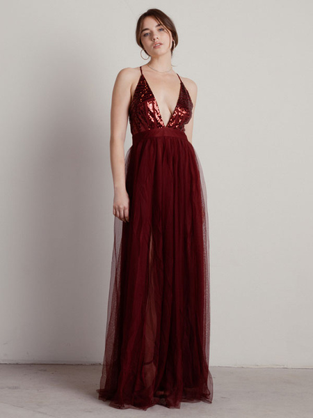 Milanoo Burgundy Evening Dress A-Line V-Neck Tulle Floor-Length Pleated Maxi Formal Party Dresses  - buy with discount