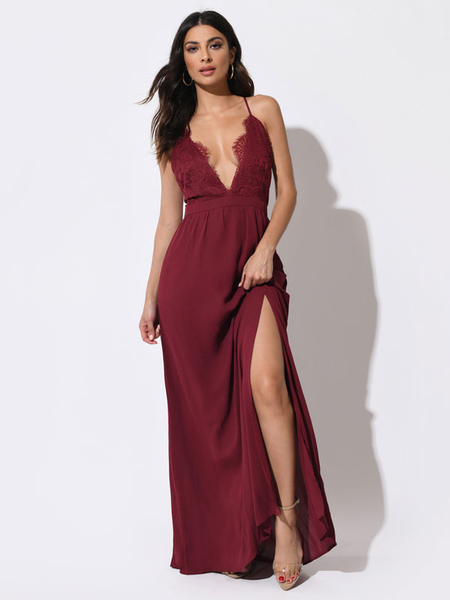 Milanoo Burgundy Evening Dress A-Line V-Neck Sleeveless Backless Chiffon Lace Chiffon Formal Dinner  - buy with discount
