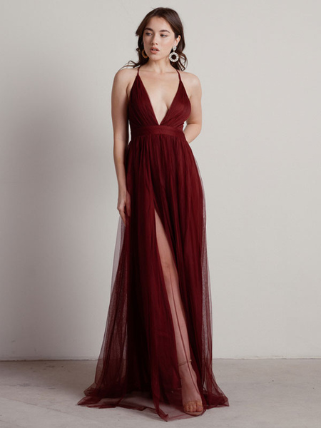 Milanoo Burgundy Evening Dress A-Line V-Neck Zipper Pleated Chiffon Tulle Maxi Formal Dinner Dresses  - buy with discount
