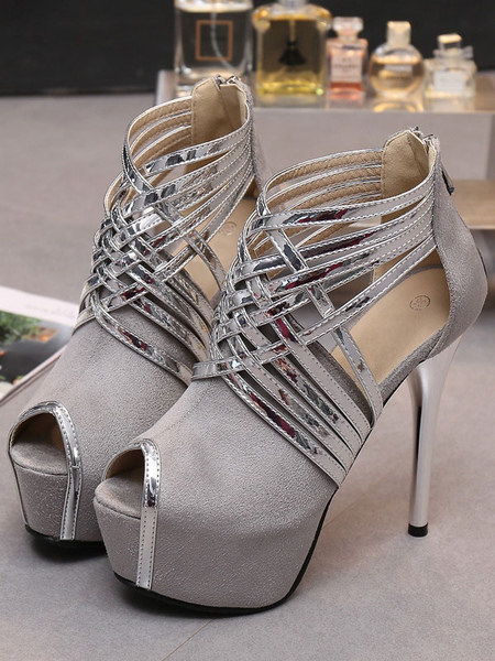 Milanoo Women Grey High Heels Suede Leather Peep Toe Stiletto Heel Party Shoes Sexy Heels, Black, Blue, Grey, Magenta  - buy with discount